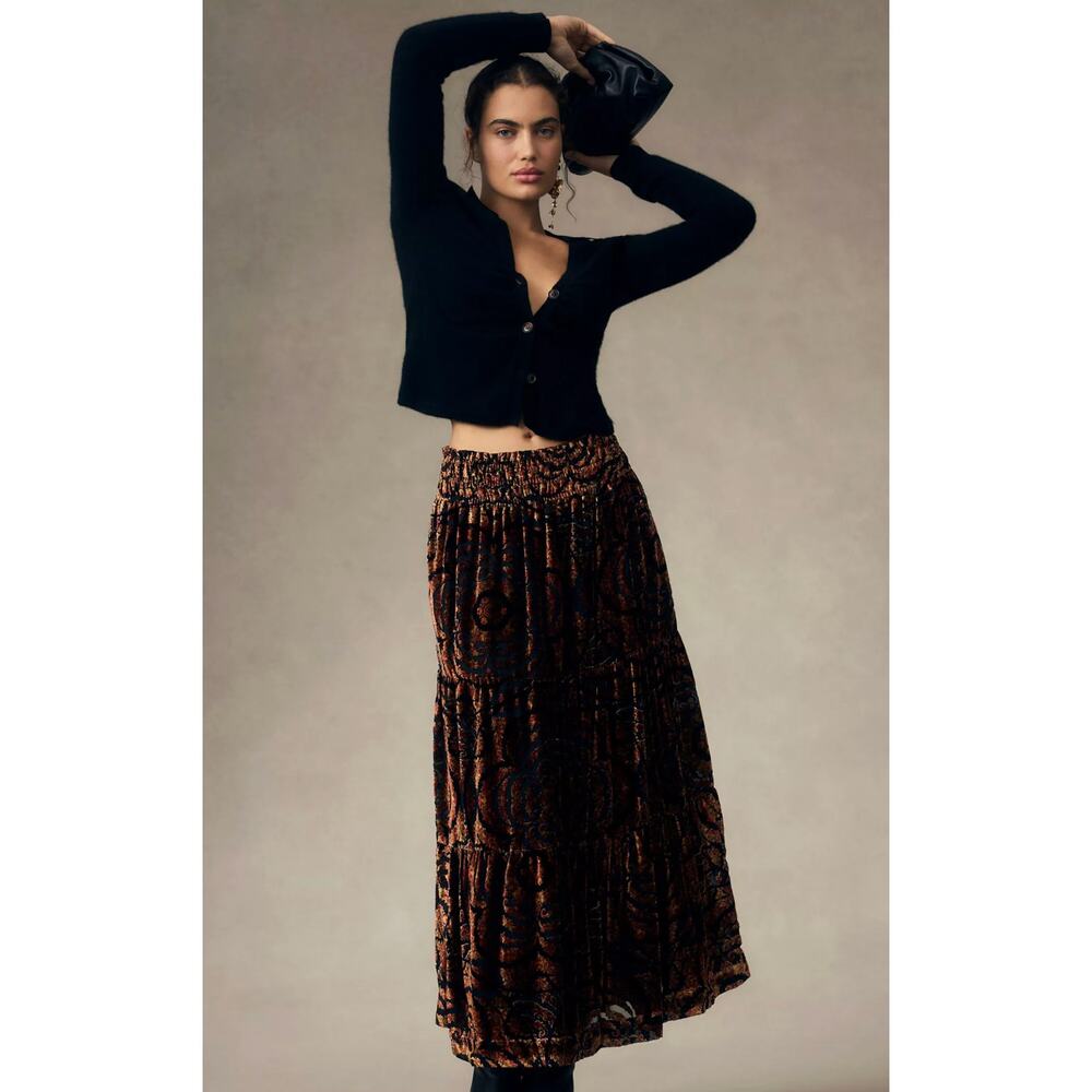 by Anthropologie The Somerset Maxi Skirt: Nina Pace Velvet Edition Orange sz. S